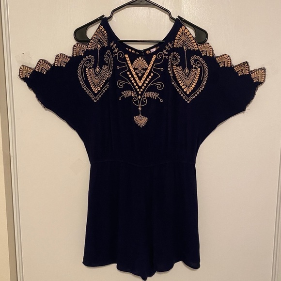 Alya Romper Navy Blue With Cream Embroidery Cold Shoulder Sleeve Short - Picture 1 of 9